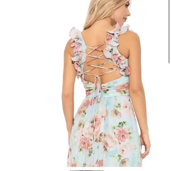 BETSY & ADAM Floral Print Ruffle Lace Back Gown Sz. 4 - Picture 2 of 11